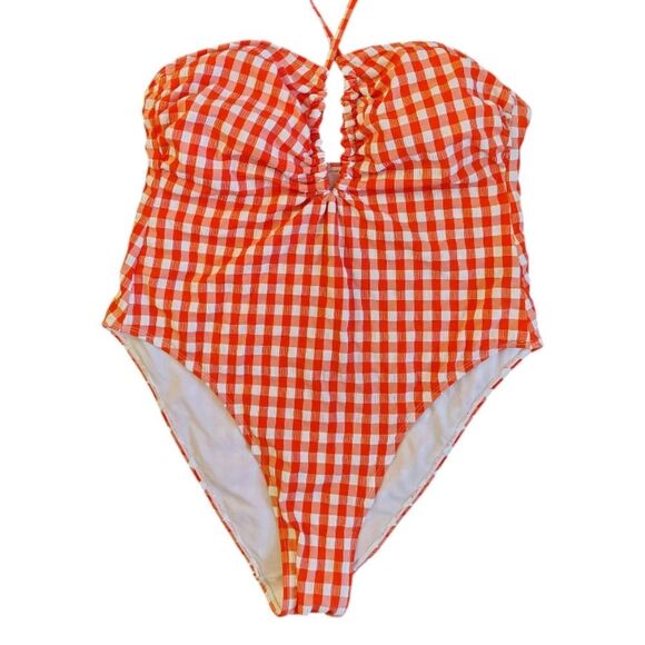 Wild Fable Red Gingham Halter Neck High Leg One Piece Swimsuit XL - Picture 8 of 16